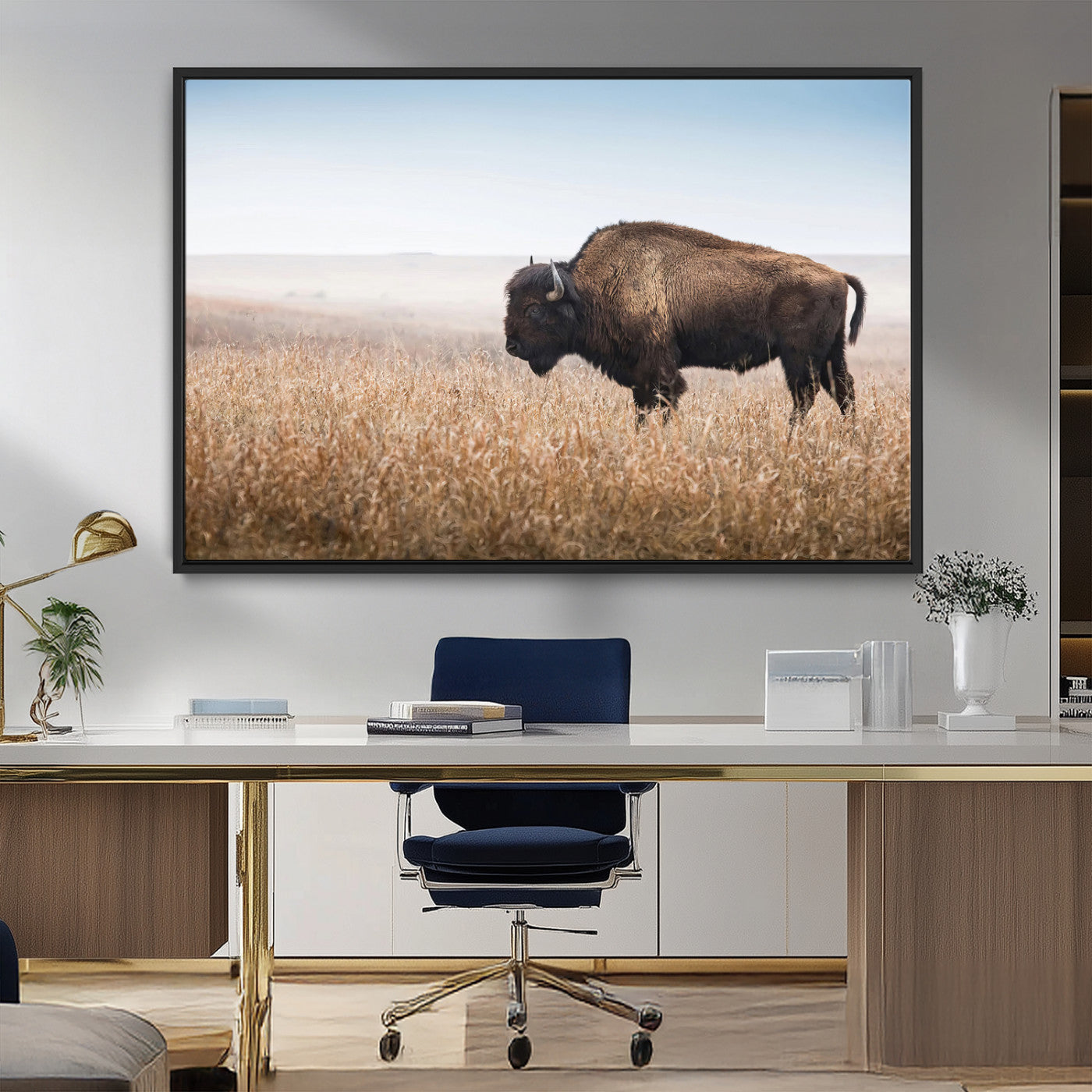 91267849-MGV-FC-36X24_Black-Wild Bison Wall Art Canvas Print, Framed Bison in Prairie Art Picture Print, Rustic Western Perfect Rustic Western Decor Artwork