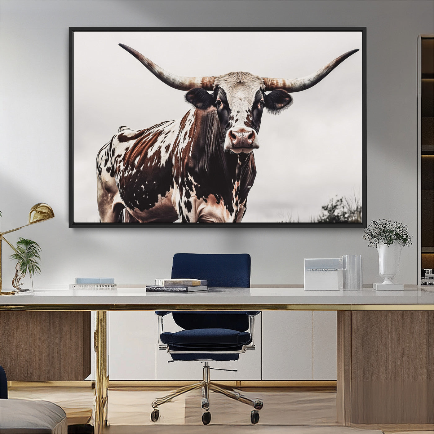95249234-MGV-FC-36X24_Black-Texas Longhorn Wall Art Canvas Print, Framed Spotted Bull Art Picture Print, Horned Cattle Perfect Rustic Farmhouse Decor Artwork