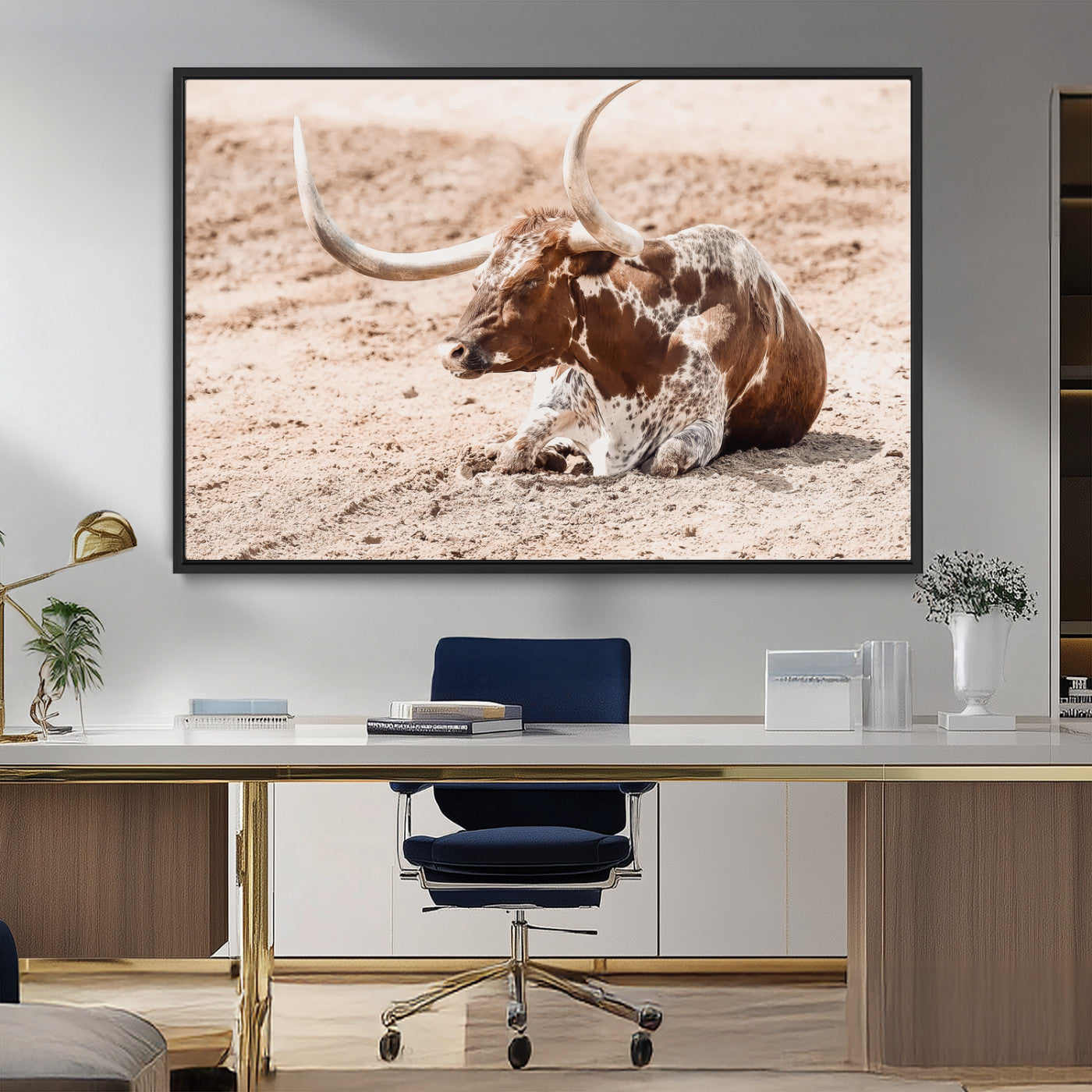 91248682-MGV-FC-36X24_Black-Texas Longhorn Wall Art Canvas Print, Framed Resting Bull Art Picture Print, Spotted Cattle Perfect Rustic Western Decor Artwork