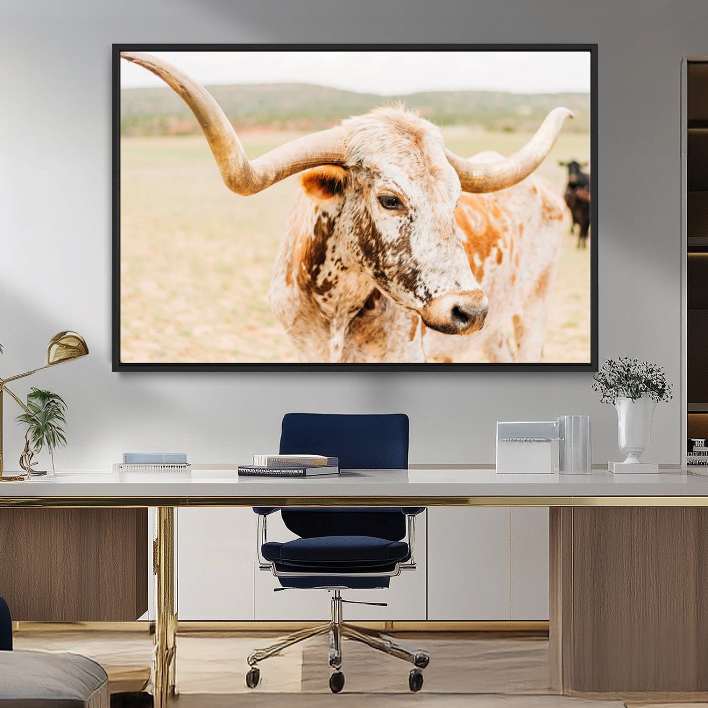 21060648-MGV-CV-36X24-Texas Longhorn Wall Art Canvas Print, Framed Speckled Cow Art Picture Print, Rustic Bull Perfect Rustic Western Decor Artwork