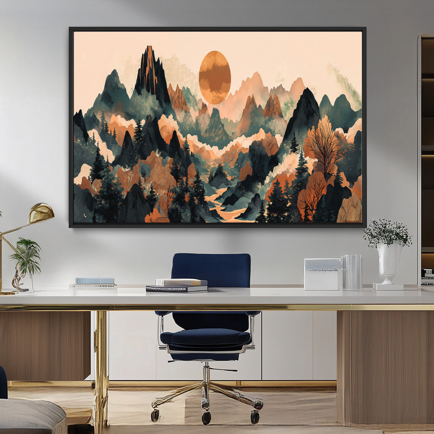 13012770-MGV-FC-36X24_Black-Mountain Landscape Wall Art – Modern Nature Canvas Print with Sun, Misty Peaks, and Forest in Orange and Green Tones for Living