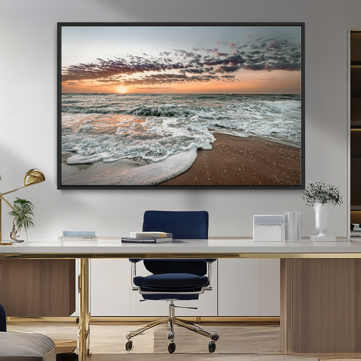 40632752-MGV-FC-36X24_Black-Ocean Sunset Wall Art Canvas Print, Framed Beach Waves Art Picture Print, Coastal Scene Perfect Coastal Decor Artwork