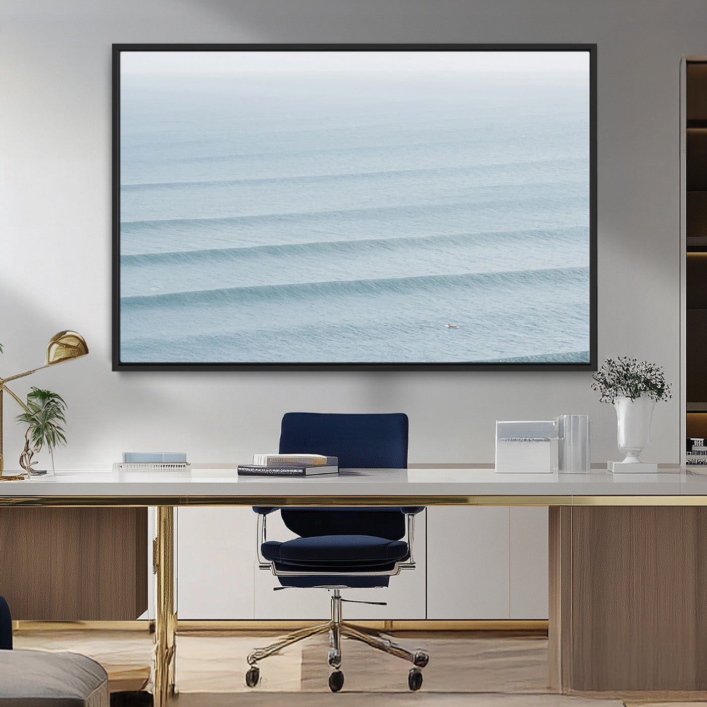 47814787-MGV-FC-36X24_Black-Ocean Waves Wall Art Canvas Print, Framed Solo Surfer Art Picture Print, Wave Lines Perfect Minimalist Ocean Decor Artwork