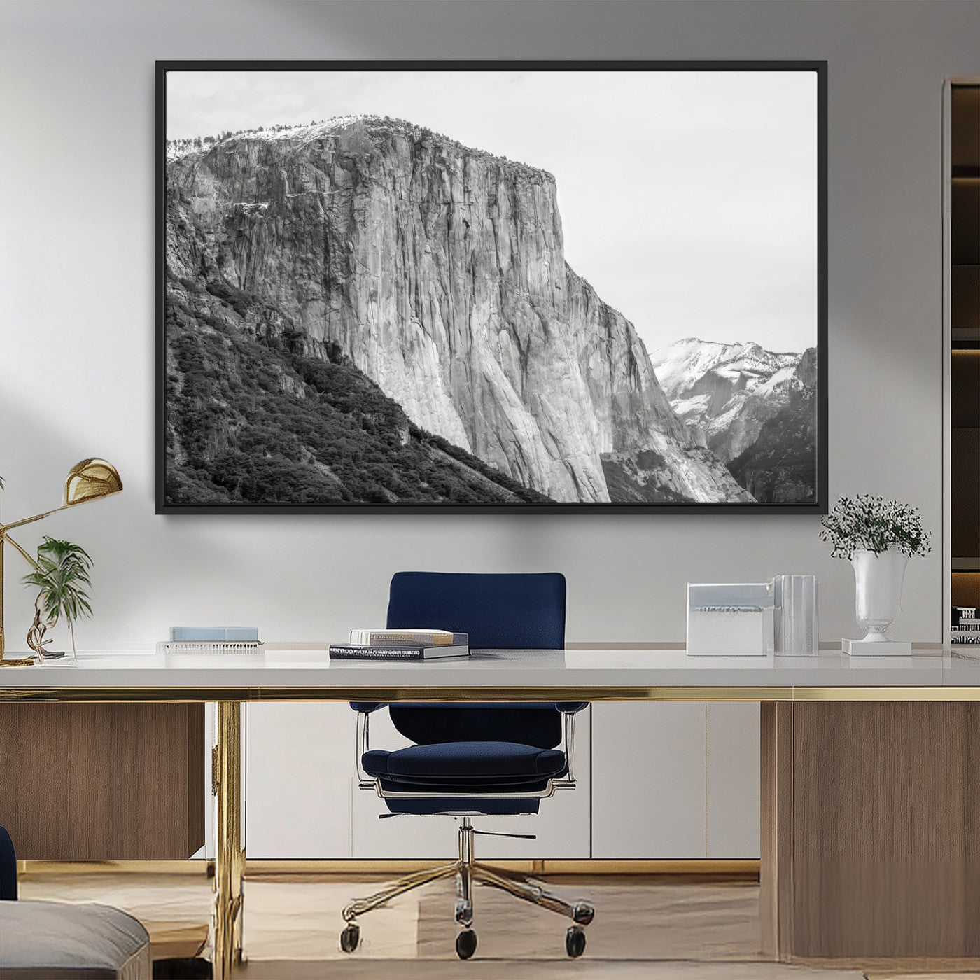 39393420-MGV-CV-36X24-El Capitan Wall Art Canvas Print, Framed Yosemite Cliff Art Picture Print, Monochrome Mountain Perfect Monochrome Sierra Decor