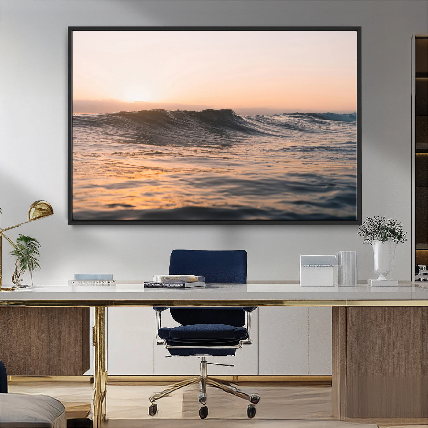 46299358-MGV-FC-36X24_Black-Sunset Waves Wall Art Canvas Print, Framed Ocean Horizon Art Picture Print, Golden Water Perfect Golden Hour Coastal Decor Artwork