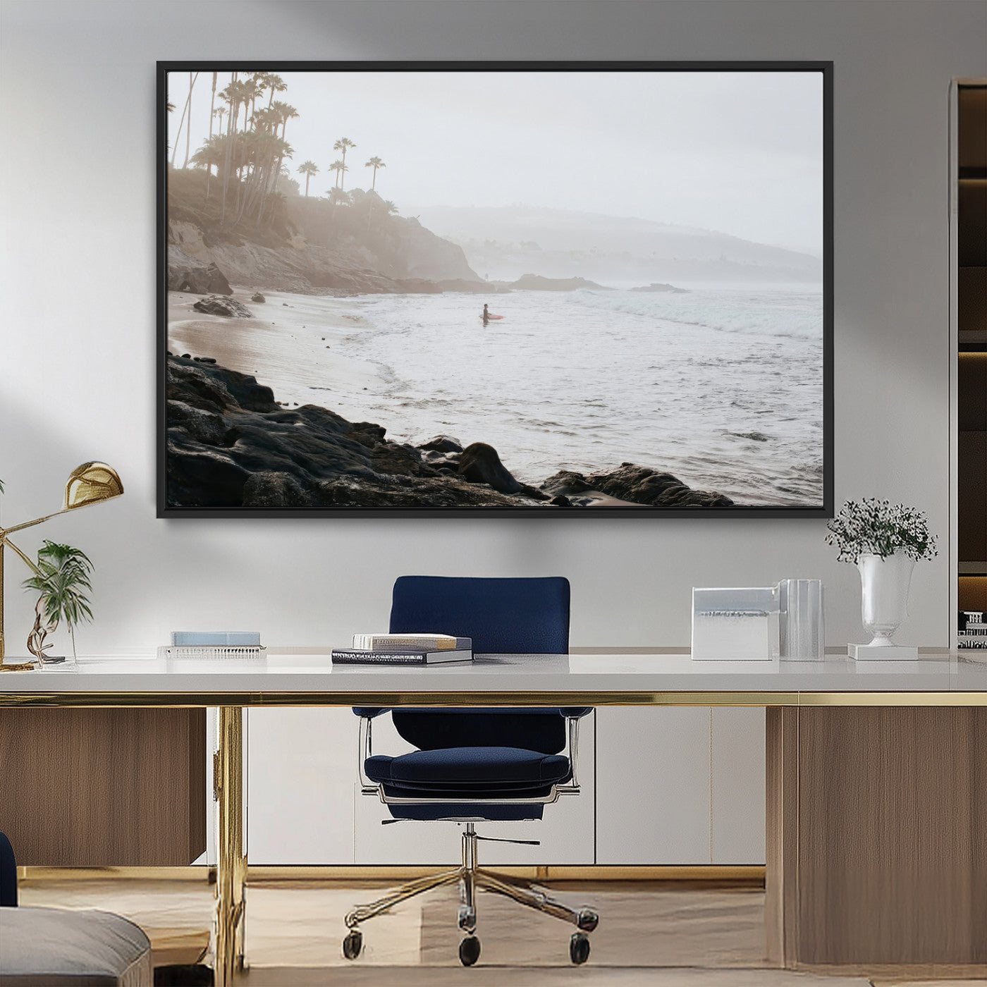 62501405-MGV-CV-36X24-Misty Beach Wall Art Canvas Print, Framed California Surfer Art Picture Print, Coastal Cliff Perfect Coastal Beach Decor Artwork