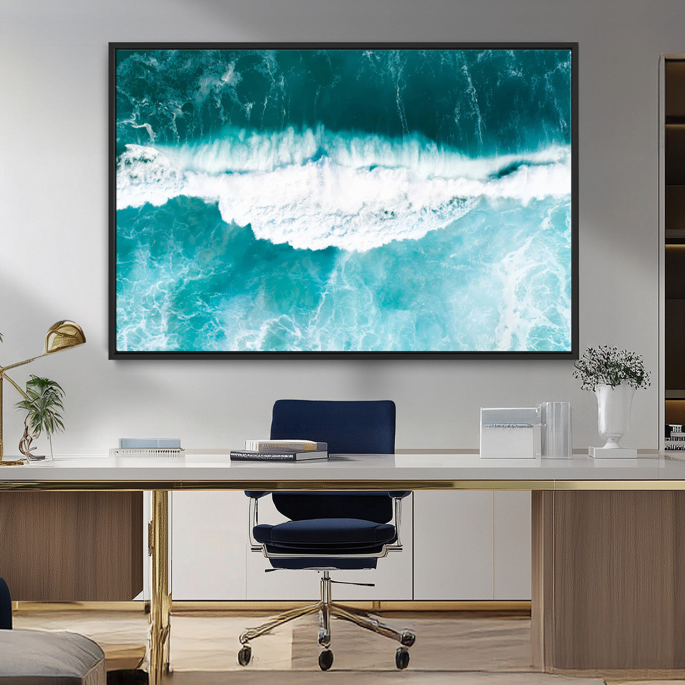 23828594-MGV-CV-36X24-Aerial Waves Wall Art Canvas Print, Framed Ocean Break Art Picture Print, Sea Foam Perfect Tropical Coastal Decor Artwork