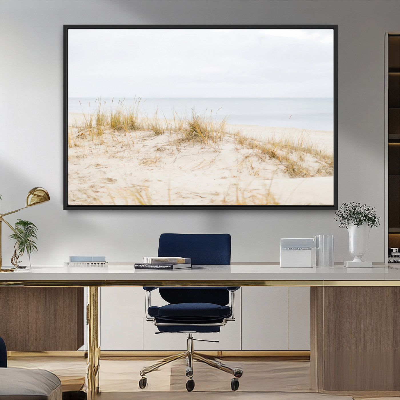 13146857-MGV-FC-36X24_Black-Beach Dunes Wall Art Canvas Print, Framed Soft Horizon Art Picture Print, Coastal Grass Perfect Minimalist Coastal Decor Artwork