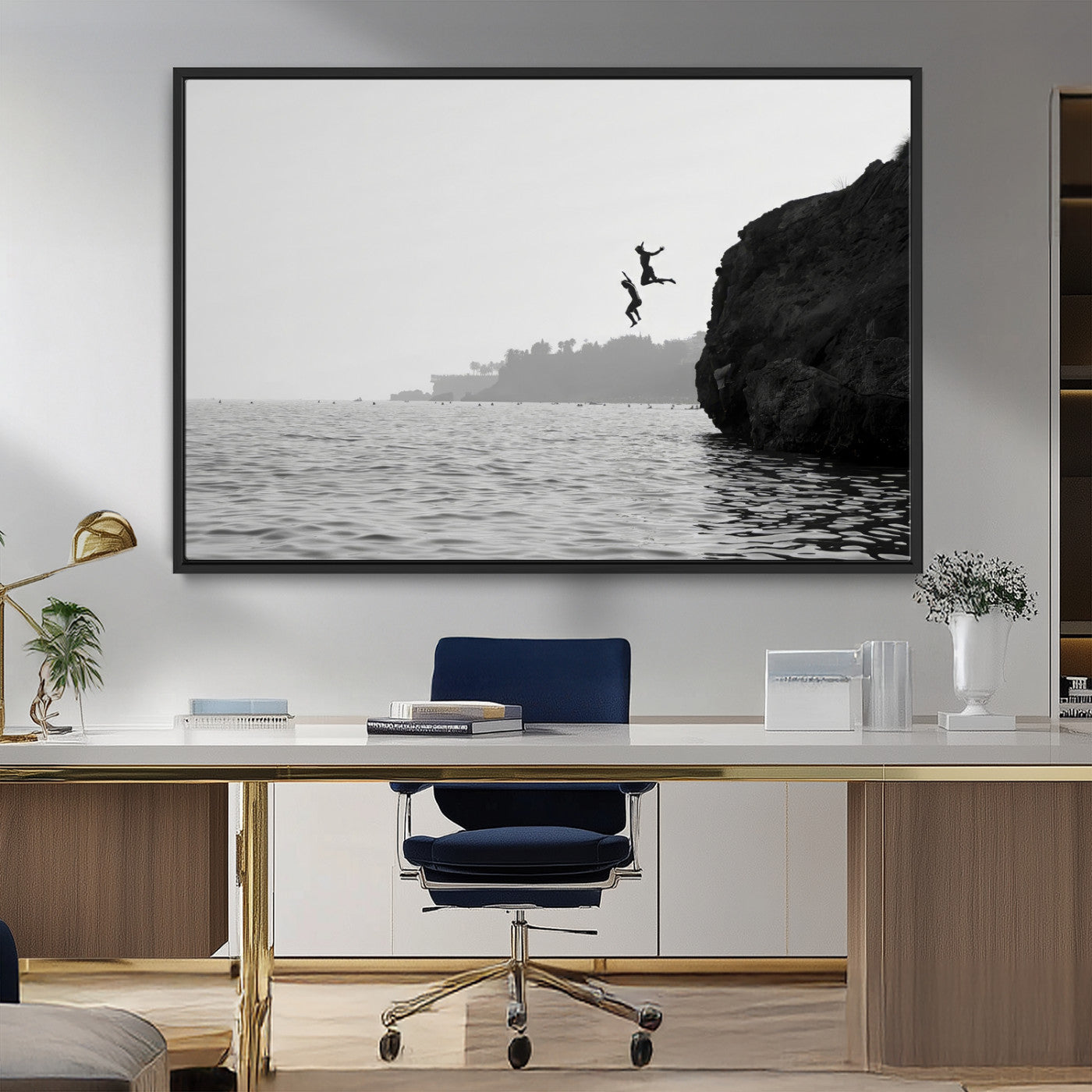 52284302-MGV-FC-36X24_Black-Cliff Jumping Wall Art Canvas Print, Framed Ocean Adventure Art Picture Print, Black White Coast Perfect Modern Coastal Decor