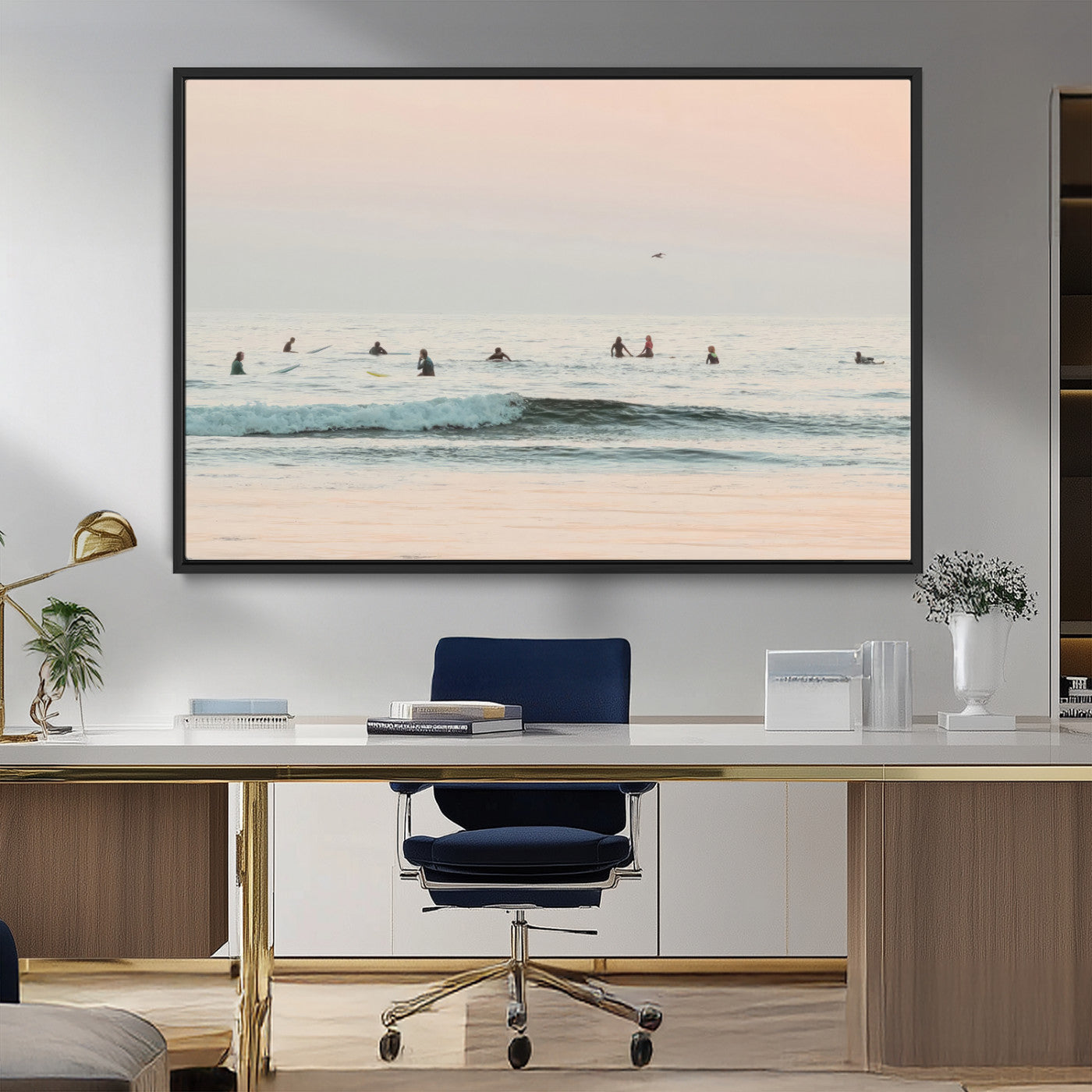 98888919-MGV-FC-36X24_Black-Pastel Ocean Wall Art Canvas Print, Framed Soft Sunset Swimming Art Picture Print, Calm Sea Horizon Perfect Soft Coastal