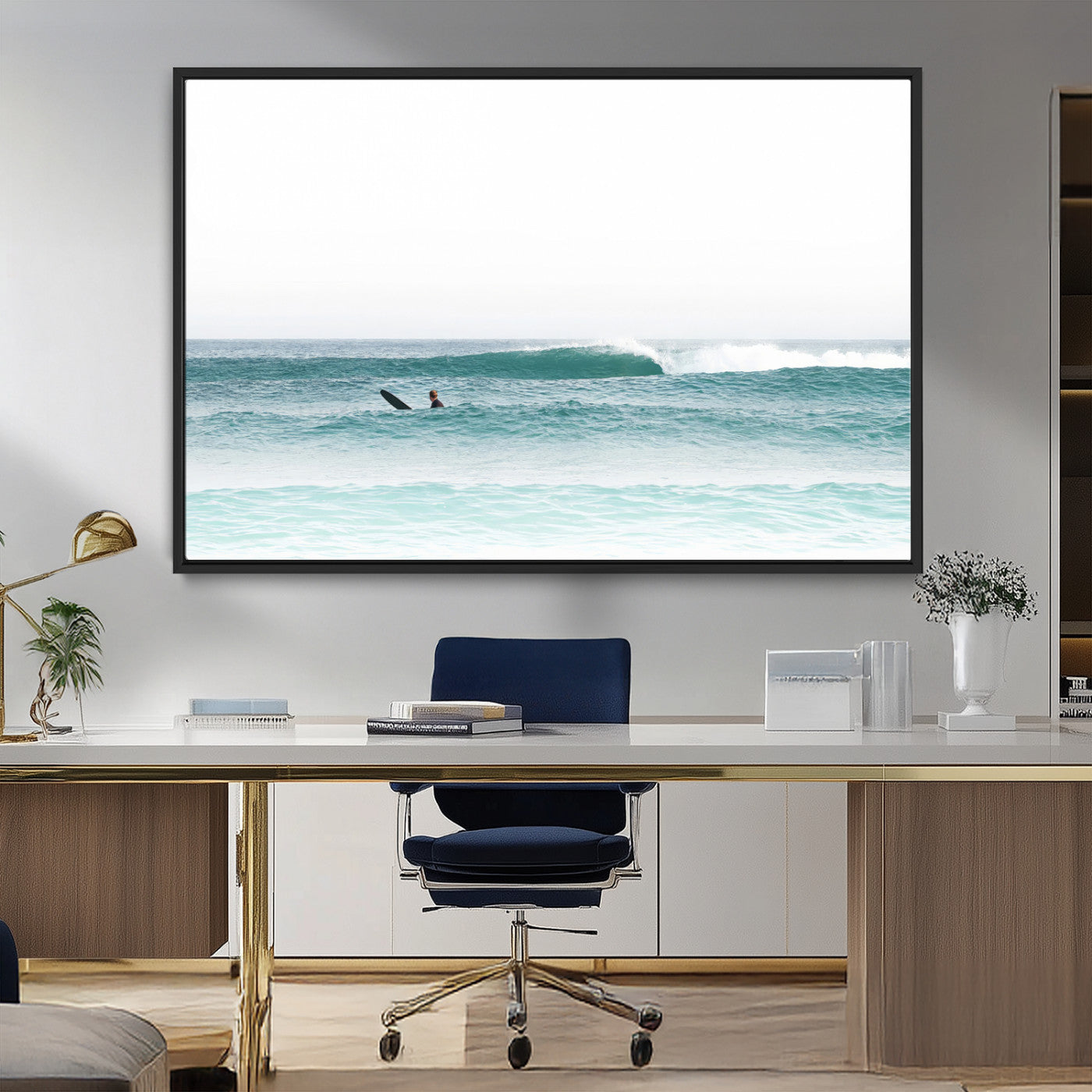 56345117-MGV-CV-36X24-Minimalist Surfing Wall Art Canvas Print, Framed Ocean Waves Art Picture Print, Soft Ocean Perfect Minimalist Coastal Decor