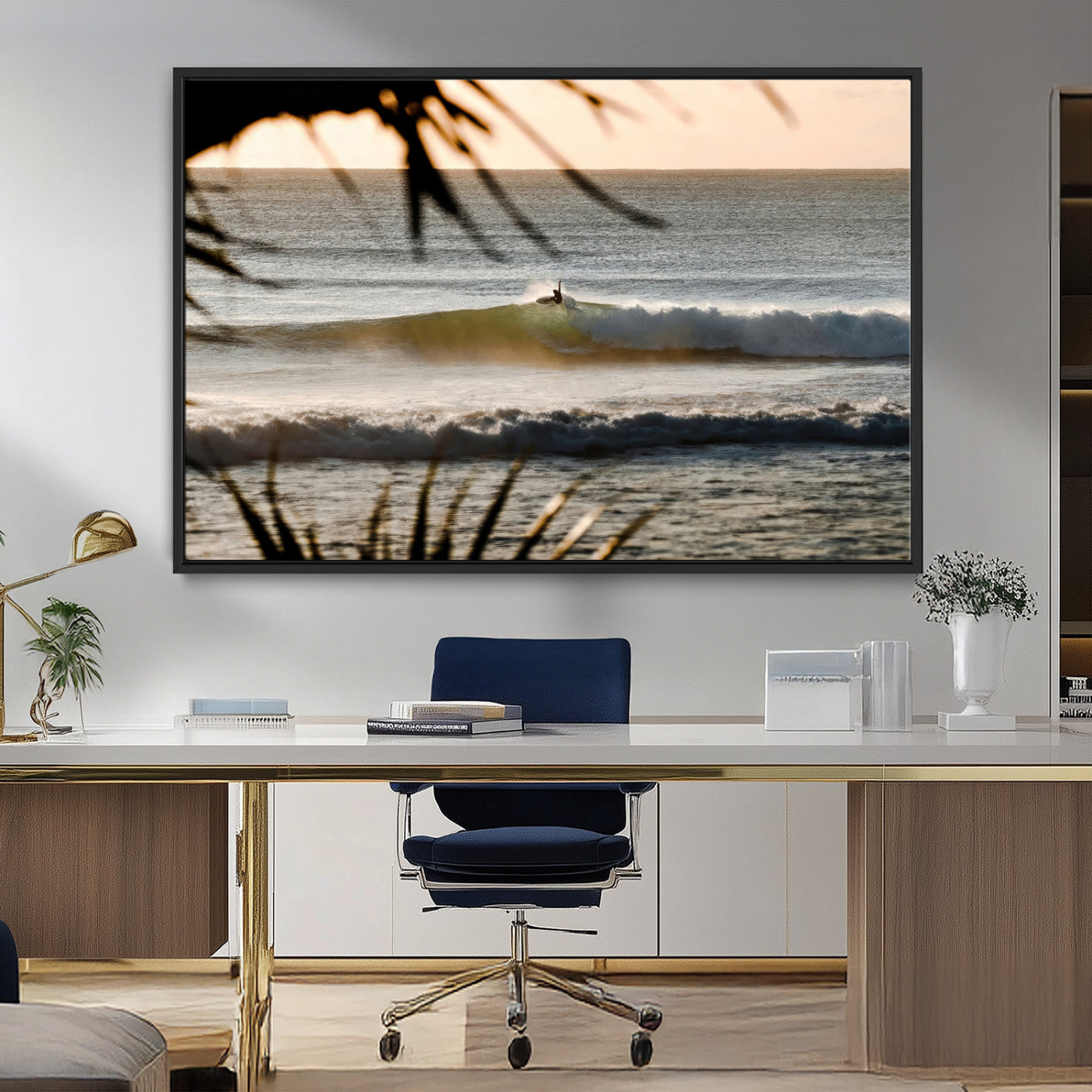24896468-MGV-FC-36X24_Black-Sunset Surf Wall Art Canvas Print, Framed Golden Waves Art Picture Print, Tropical Ocean Perfect Tropical Boho Decor Artwork