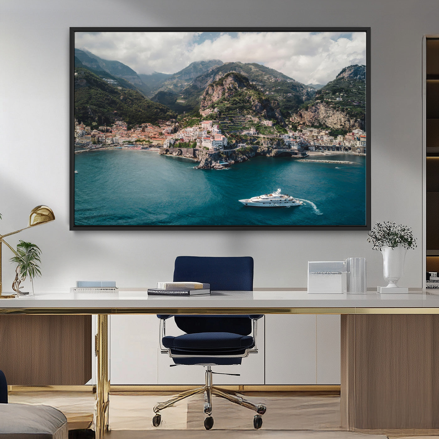 20321590-MGV-FC-36X24_Black-Amalfi Coast Wall Art Canvas Print, Framed Italy Travel Art Picture Print, Mediterranean Landscape Perfect Mediterranean Coastal