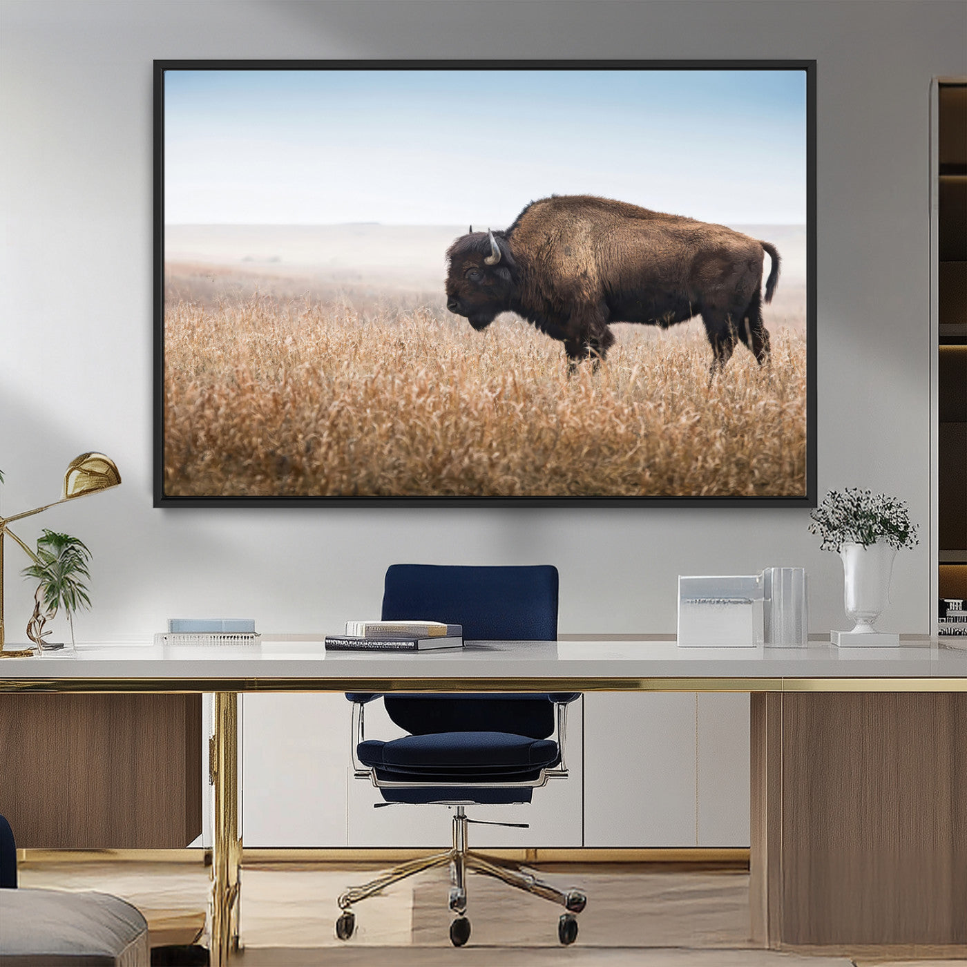 99620201-MGV-FC-36X24_Black-Wild Bison Wall Art Canvas Print, Framed Bison in Prairie Art Picture Print, Rustic Western Perfect Rustic Western Decor Artwork