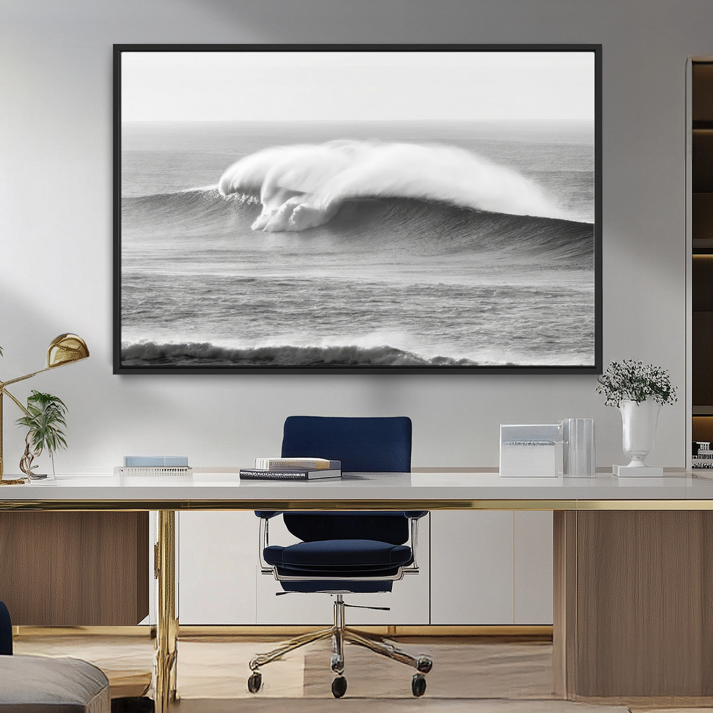 42544082-MGV-FC-36X24_Black-Monochrome Seascape Wall Art Canvas Print, Framed Surf Wave Art Picture Print, Minimalist Ocean Perfect Moody Coastal Decor