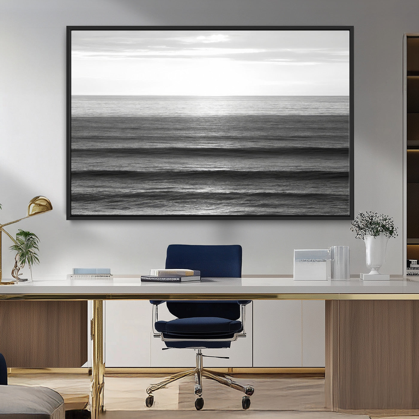 47305203-MGV-FC-36X24_Black-Monochrome Ocean Wall Art Canvas Print, Framed Moody Ocean Art Picture Print, Calm Ocean Perfect Minimalist Coastal Decor Artwork