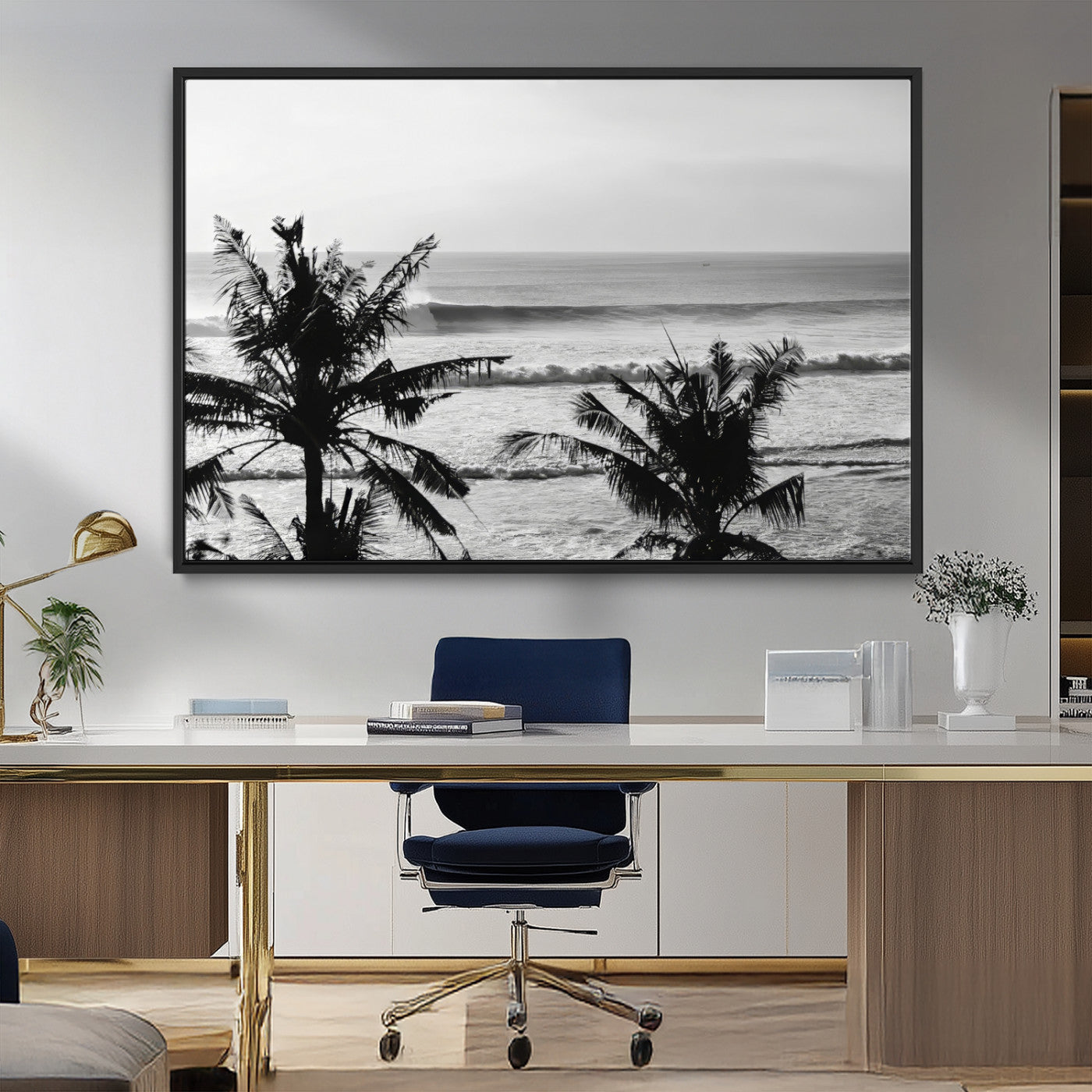 17508038-MGV-FC-36X24_Black-Tropical Coastline Wall Art Canvas Print, Framed Palm Trees Art Picture Print, Ocean Waves Perfect Minimalist Coastal Decor