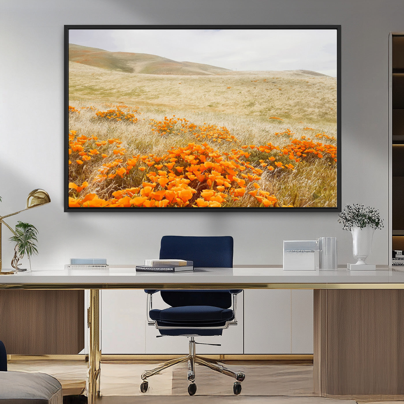 28972262-MGV-CV-36X24-Golden Wildflowers Wall Art Canvas Print, Framed Hills Bloom Art Picture Print, Poppy Meadow Perfect Rustic Nature Decor Artwork