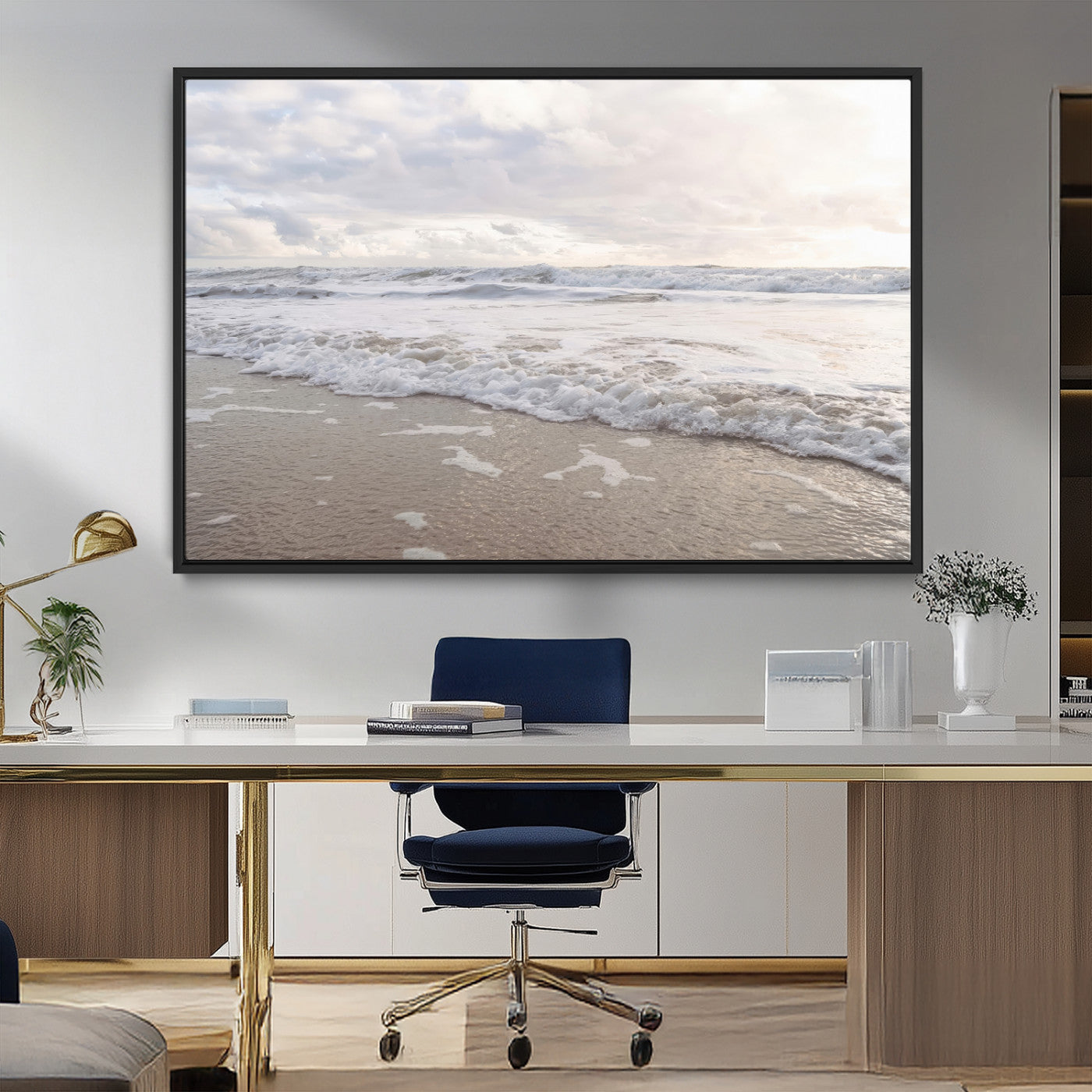 70596264-MGV-FC-36X24_Black-Ocean Waves Wall Art Canvas Print, Framed Coastal Shoreline Art Picture Print, Sea Foam Perfect Coastal Minimalist Decor Artwork