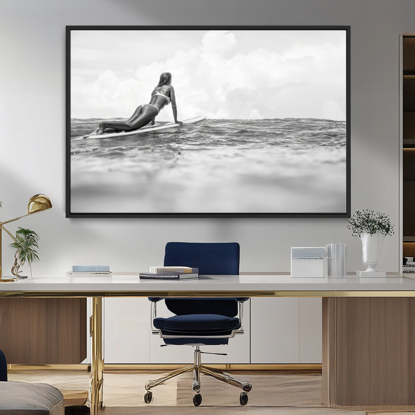 69798068-MGV-CV-36X24-Black White Surfing Wall Art Canvas Print, Framed Ocean Horizon Art Picture Print, Surfer Girl Perfect Coastal Adventure Decor
