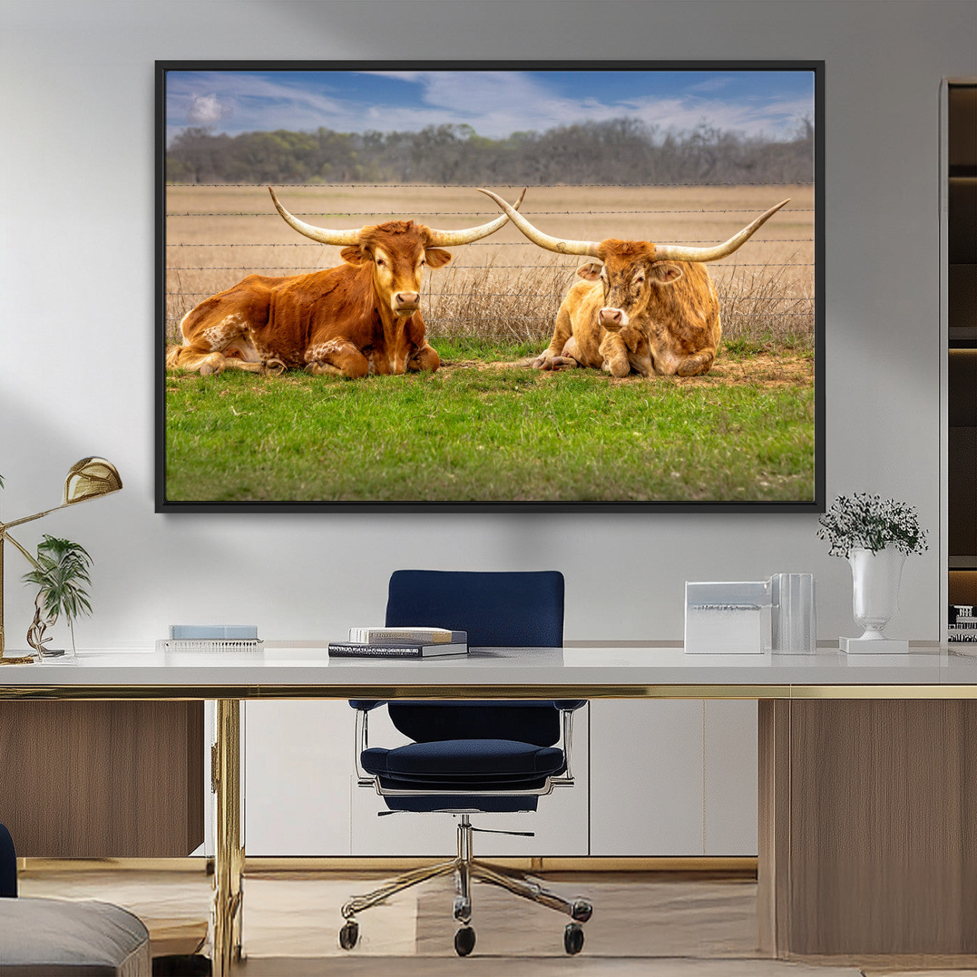 97244565-MGV-FC-36X24_Black-Longhorn Duo Wall Art Canvas Print, Framed Cozy Ranch Vibes Art Picture Print, Western Ranch Decor Perfect Rustic Farmhouse Decor