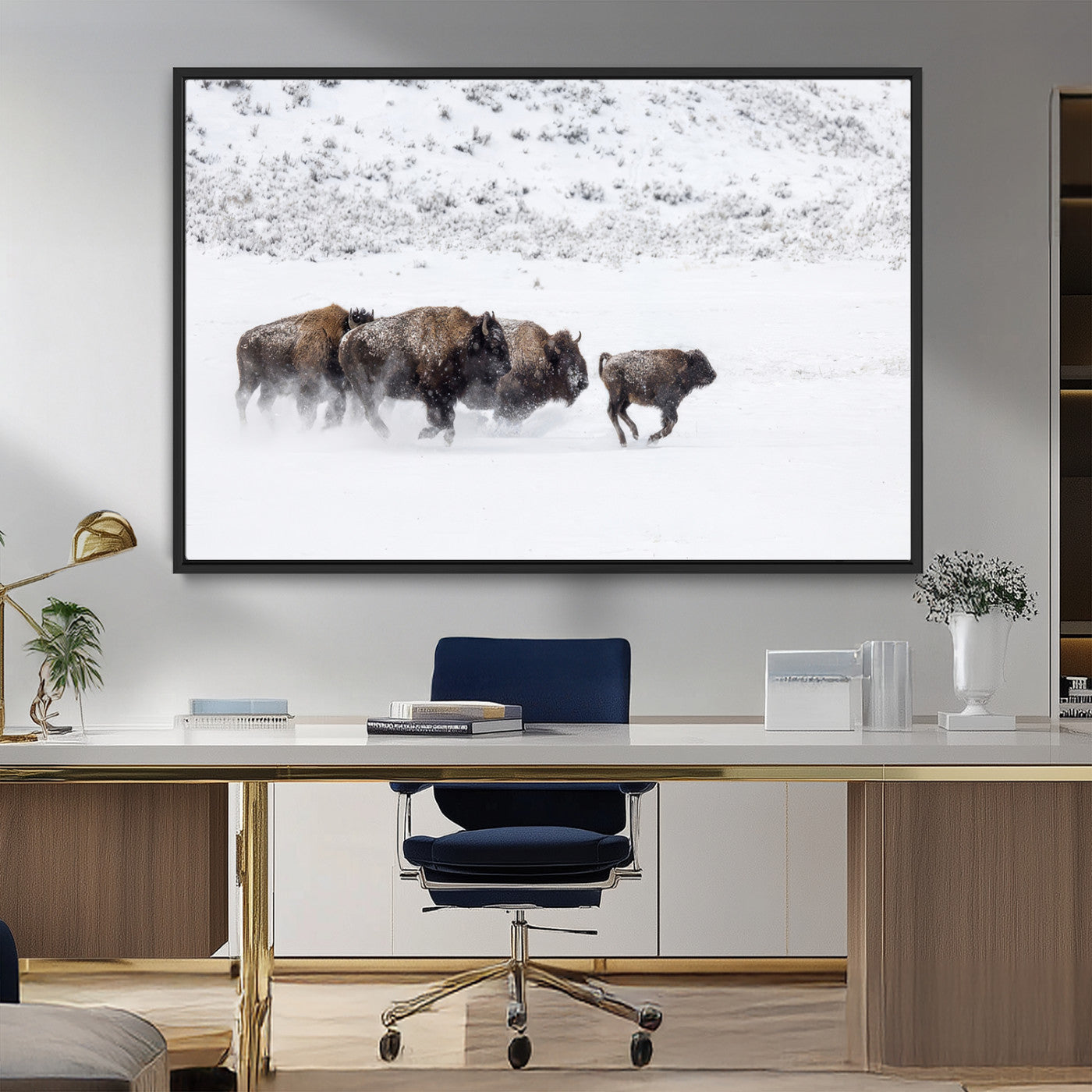 56216945-MGV-FC-36X24_Black-Bison Herd Decor Wall Art Canvas Print, Framed Snowy Bison Scene Art Picture Print, Winter Wildlife Theme Perfect Rustic Western