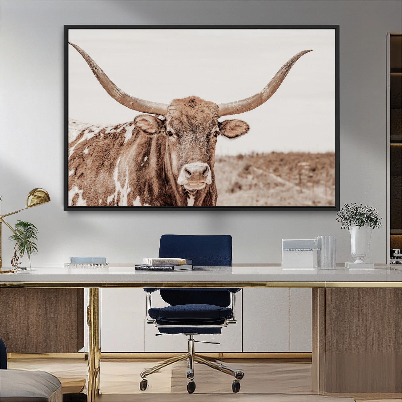 77810049-MGV-FC-36X24_Black-Longhorn Bull Photo Wall Art Canvas Print, Framed Rustic Cow Decor Art Picture Print, Neutral Farmhouse Style Perfect Rustic