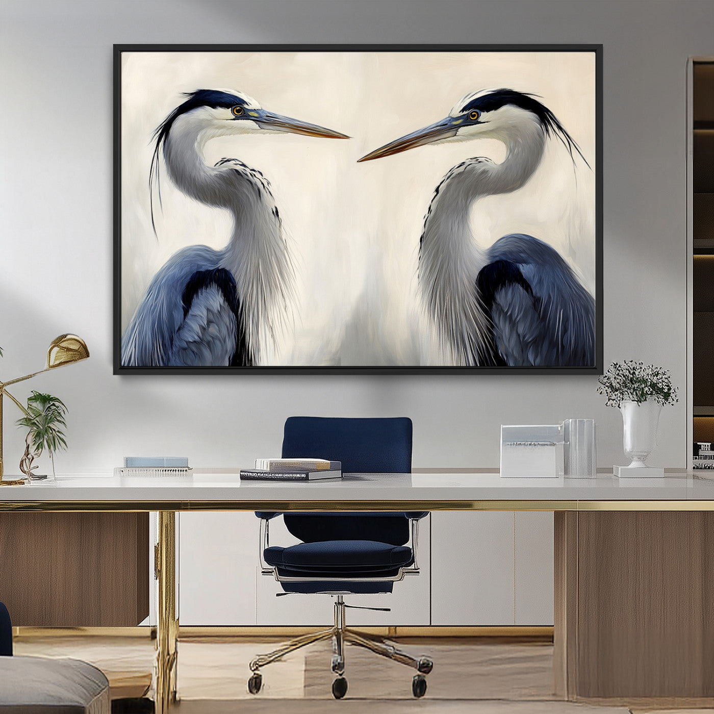 18230556-MGV-FC-36X24_Black-Blue Heron Pair Wall Art Canvas Print, Framed Coastal Bird Theme Art Picture Print, Tranquil Wildlife Scene Perfect Coastal