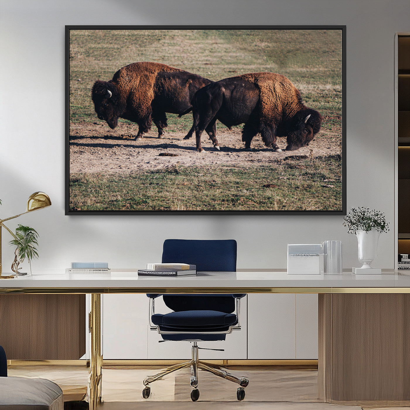 58141885-MGV-FC-36X24_Black-Bison Photography Wall Art Canvas Print, Framed Western Wildlife Art Picture Print, Modern Ranch Perfect Western Rustic Decor