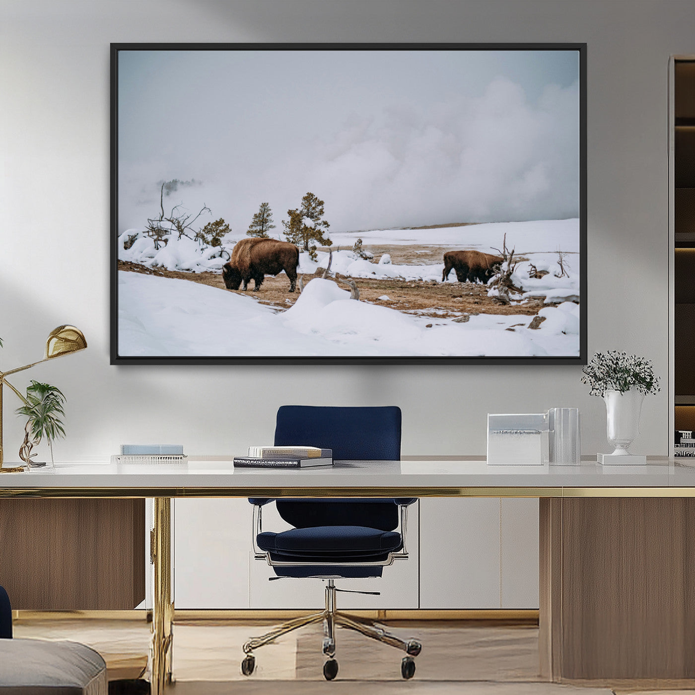 60308289-MGV-FC-36X24_Black-Bison Wildlife Wall Art Canvas Print, Framed Snowy Prairie Art Picture Print, Western Landscape Perfect Rustic Winter Decor