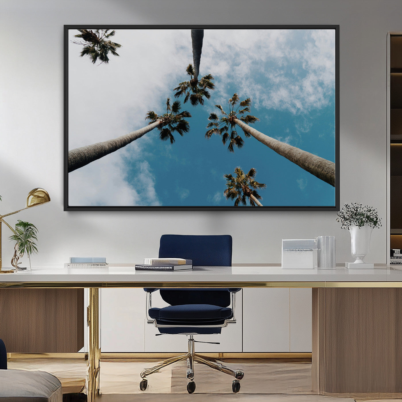 45236398-MGV-FC-36X24_Black-Tropical Palm Trees Wall Art Canvas Print, Framed California Sky Art Picture Print, Minimalist Nature Perfect Coastal Minimalist