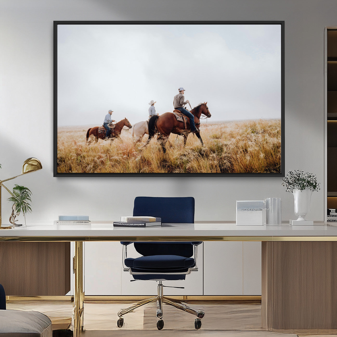 94723307-MGV-FC-36X24_Black-Western Cowboys Wall Art Canvas Print, Framed Rustic Prairie Art Picture Print, Horseback Riding Perfect Rustic Western Decor