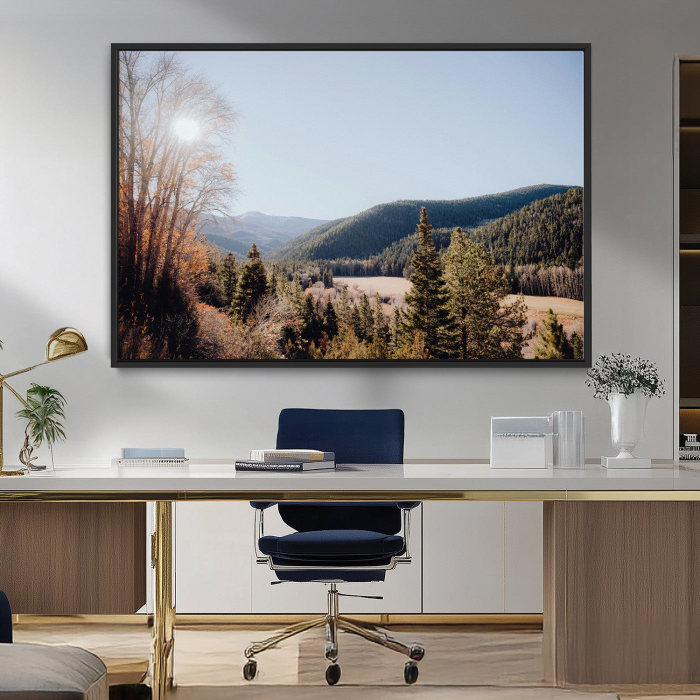 52941305-MGV-CV-36X24-Rustic Landscape Wall Art Canvas Print, Framed Serene Valley Art Picture Print, Pine Tree Horizon Perfect Rustic Cabin Decor