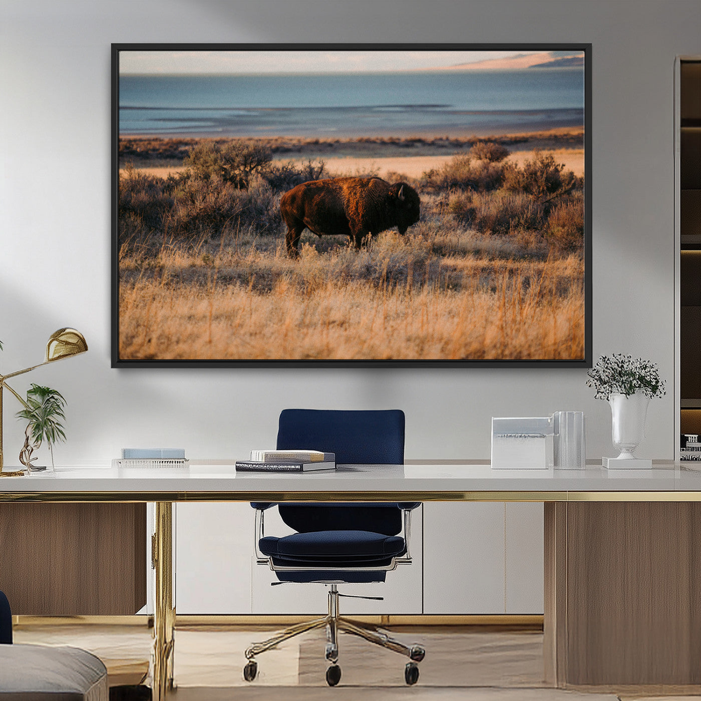 39509187-MGV-FC-36X24_Black-Western Wildlife Wall Art Canvas Print, Framed Bison Art Picture Print, Golden Hour Perfect Western Rustic Decor Artwork