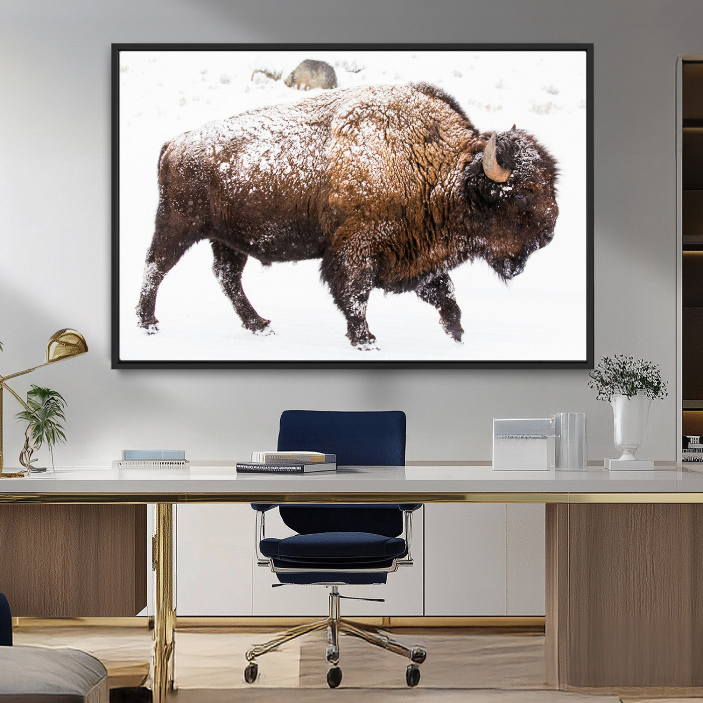 94261165-MGV-FC-36X24_Black-Snowy Buffalo Wall Art Canvas Print, Framed Wildlife Photography Art Picture Print, Brown Tones Perfect Rustic Lodge Decor Decor