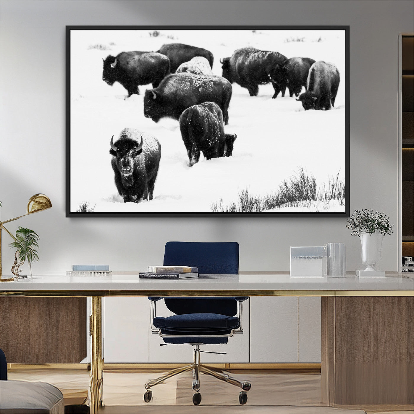 18914414-MGV-CV-36X24-Buffalo Herd Wall Art Canvas Print, Framed Black and White Art Picture Print, Snowy Landscape Perfect Rustic Lodge Decor Decor