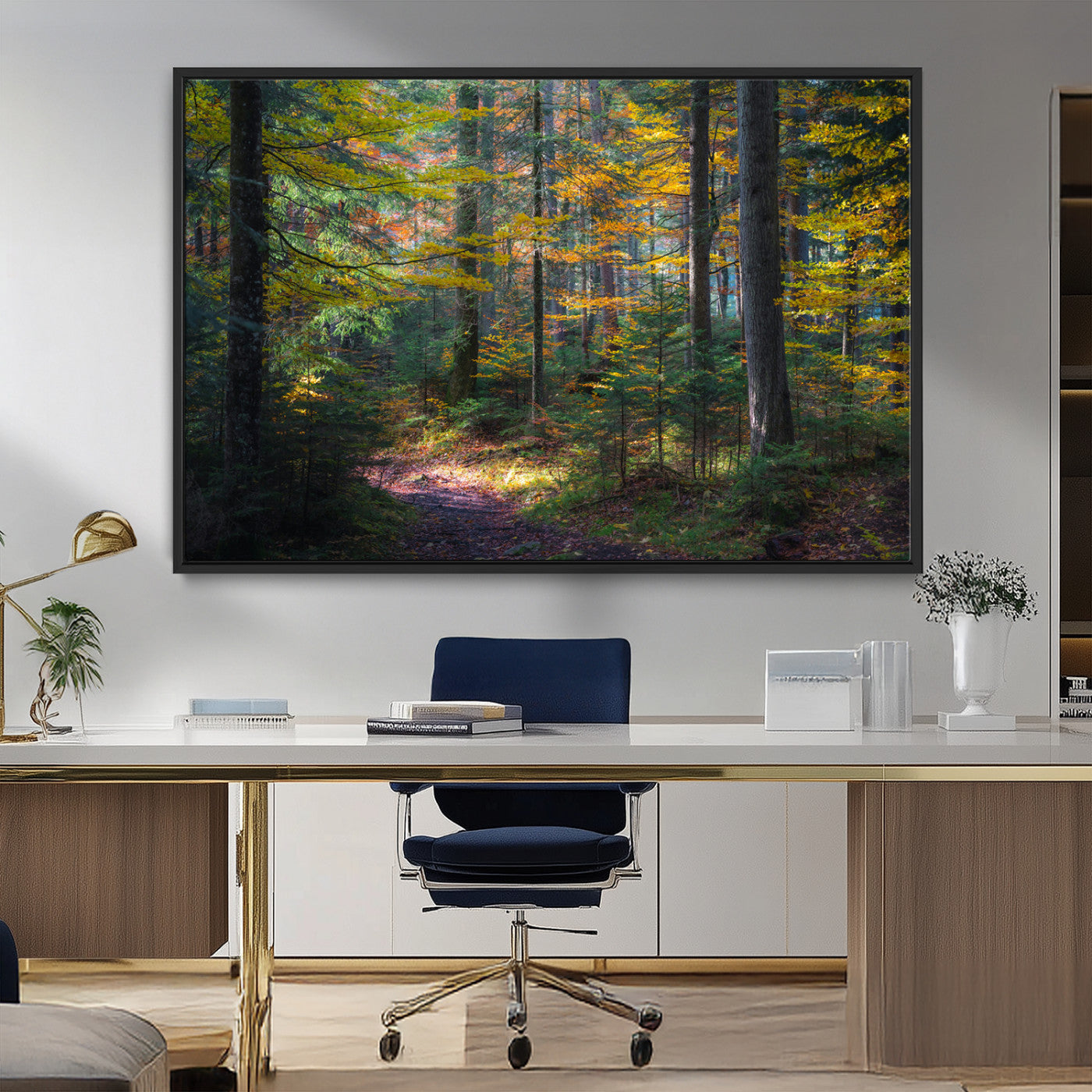 65810864-MGV-FC-36X24_Black-Autumn Forest Wall Art Canvas Print, Framed Fall Woodland Art Picture Print, Golden Leaves Perfect Rustic Farmhouse Decor Artwork