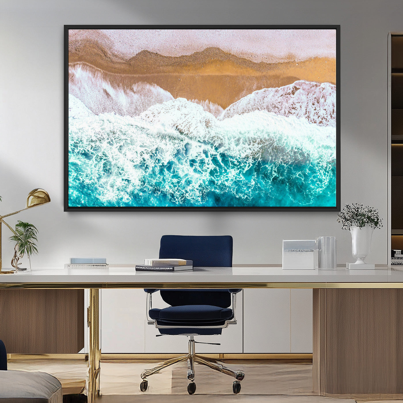 26870666-MGV-FC-36X24_Black-Aerial Beach Wall Art Canvas Print, Framed Ocean Waves Art Picture Print, Coastal Landscape Perfect Coastal Minimalist Decor