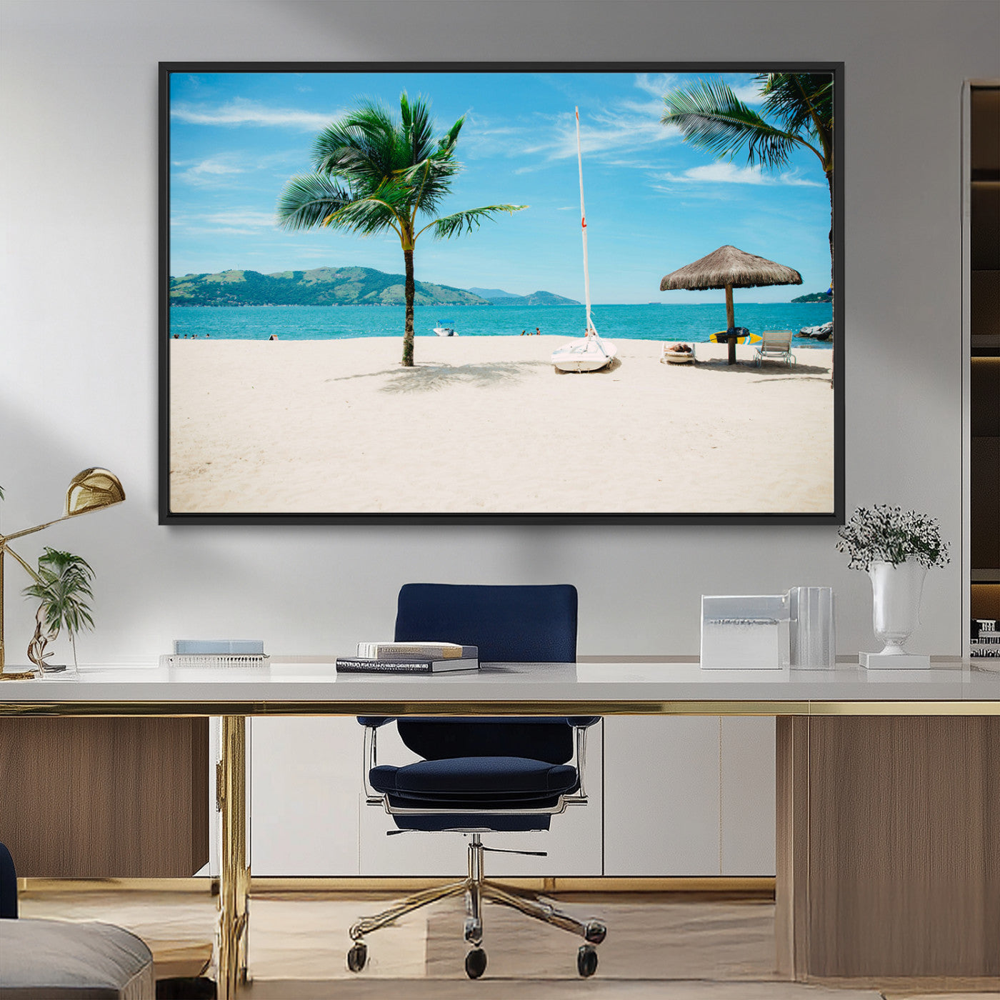 42623350-MGV-CV-36X24-Tropical Beach Wall Art Canvas Print, Framed Palm Tree Art Picture Print, Ocean View Perfect Tropical Coastal Decor Artwork