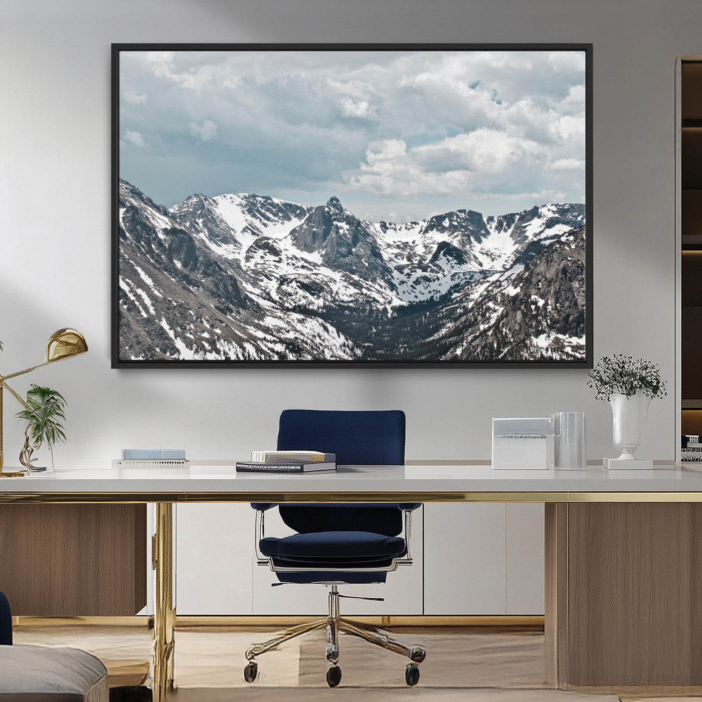 94074619-MGV-FC-36X24_Black-Snowy Peaks Wall Art Canvas Print, Framed Alpine Wilderness Art Picture Print, Mountain Escape Perfect Winter Serenity Decor