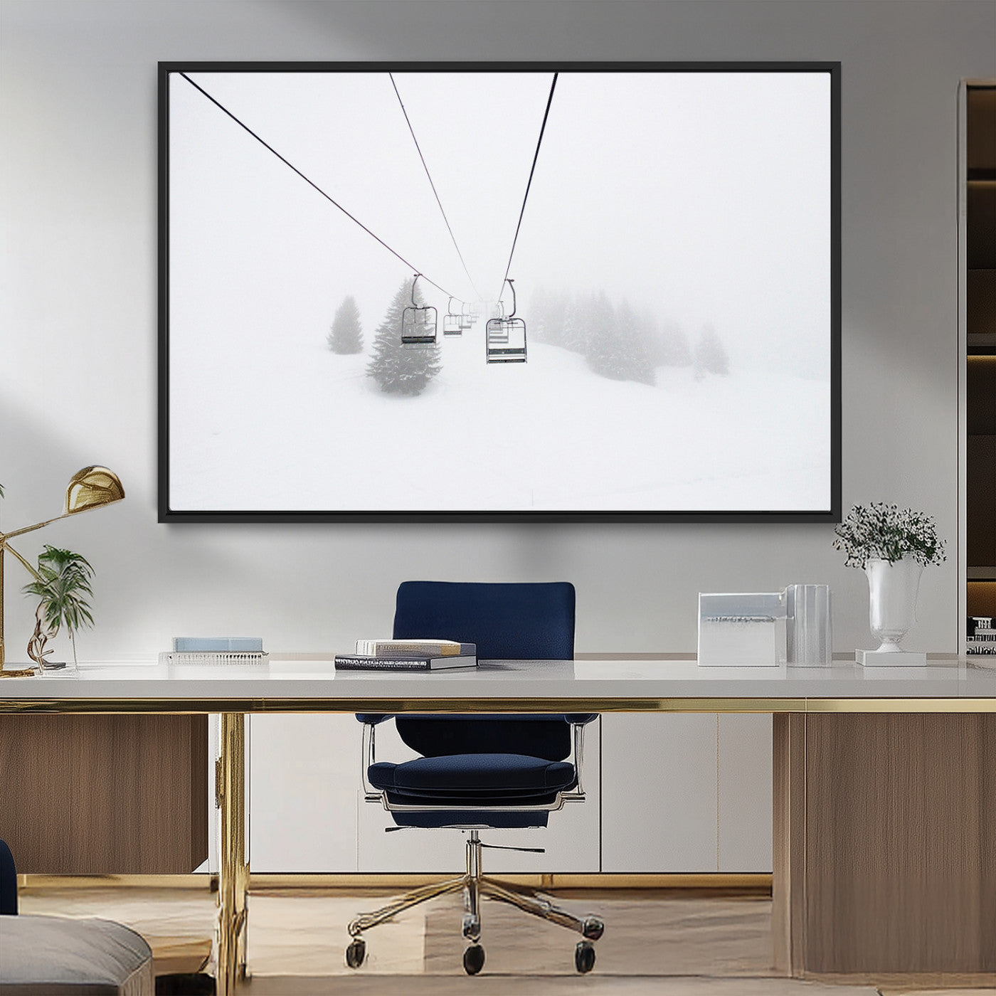 20216390-MGV-CV-36X24-Ski Lift Wall Art Canvas Print, Framed Snowy Landscape Art Picture Print, Alpine Adventure Perfect Nordic Minimalist Decor Artwork