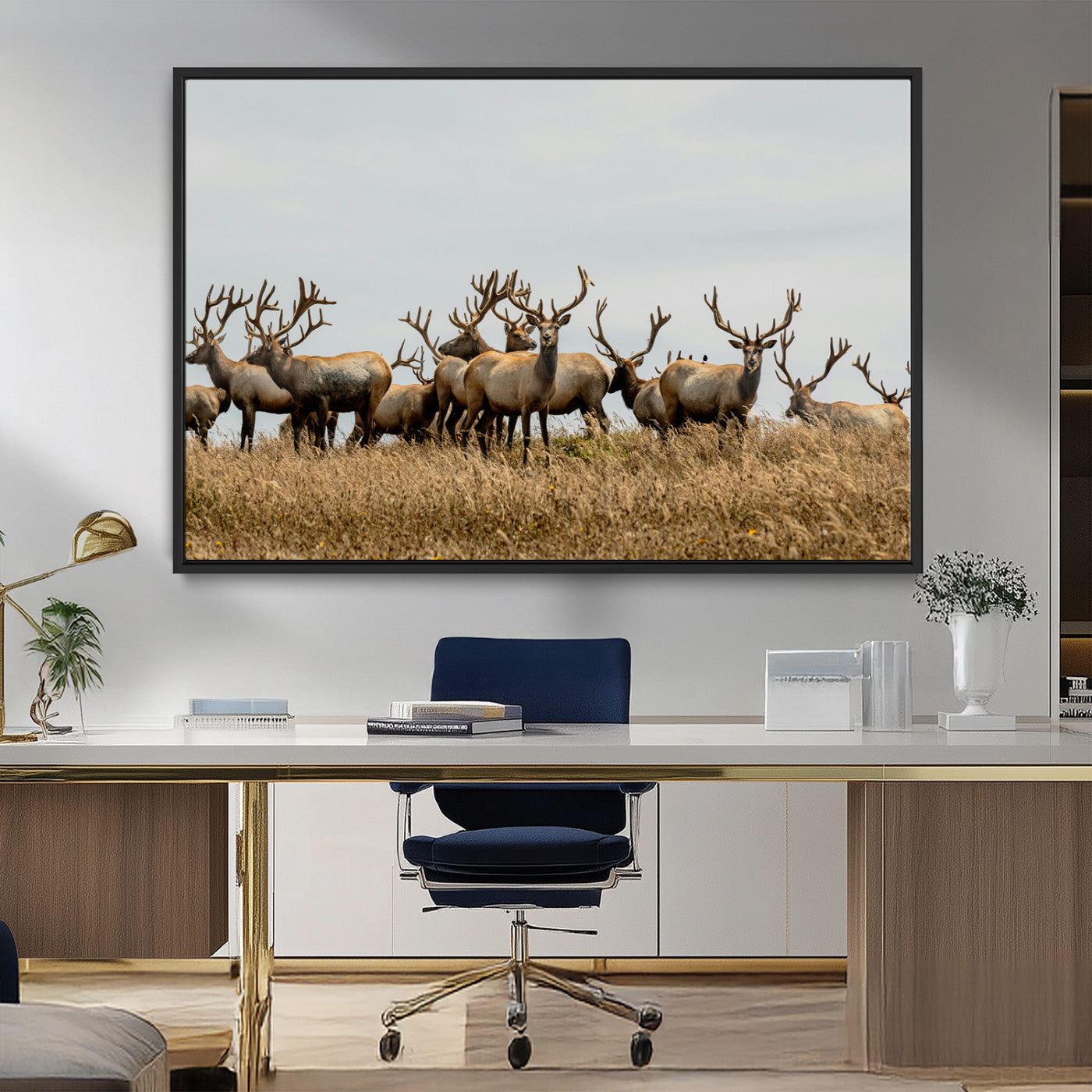42170220-MGV-FC-36X24_Black-Elk Herd Wall Art Canvas Print, Framed Wildlife Photography Art Picture Print, Majestic Antlers Perfect Rustic Wildlife Decor