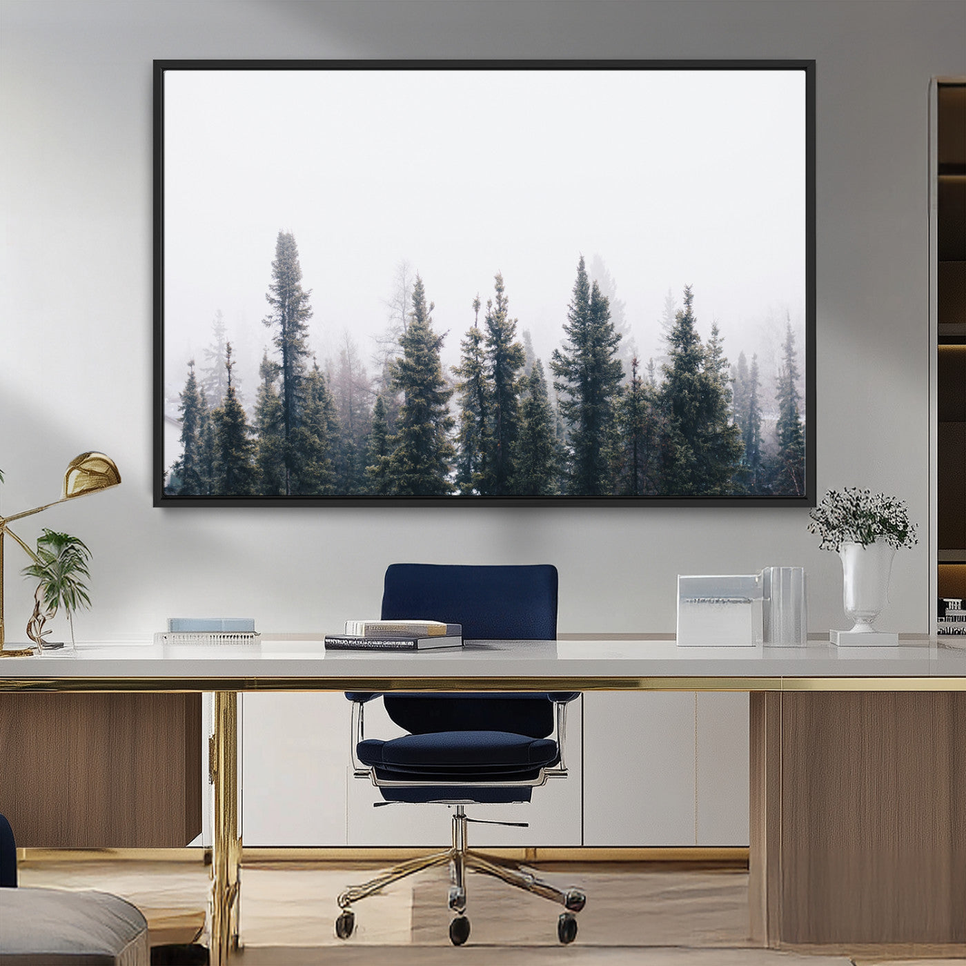42364796-MGV-FC-36X24_Black-Foggy Forest Wall Art Canvas Print, Framed Misty Pines Art Picture Print, Moody Woodland Perfect Scandinavian Minimalist Decor