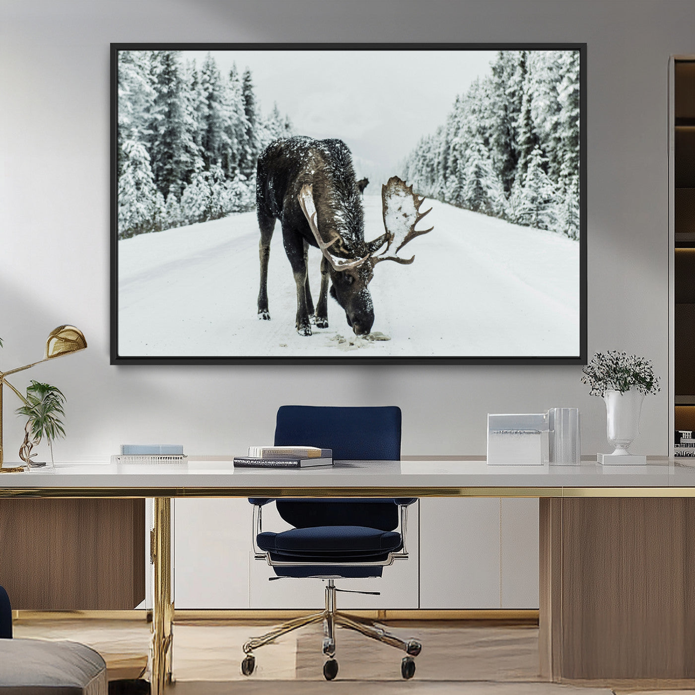 13316292-MGV-FC-36X24_Black-Moose in Snow Wall Art Canvas Print, Framed Winter Wildlife Art Picture Print, Snowy Forest Scene Perfect Rustic Lodge Decor