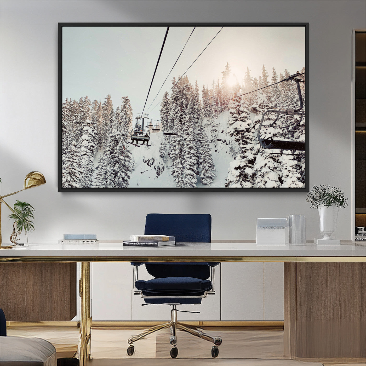 91534512-MGV-FC-36X24_Black-Frosty Pines Wall Art Canvas Print, Framed Cozy Cabin View Art Picture Print, Ski Lift Ride Perfect Rustic Lodge Decor Artwork