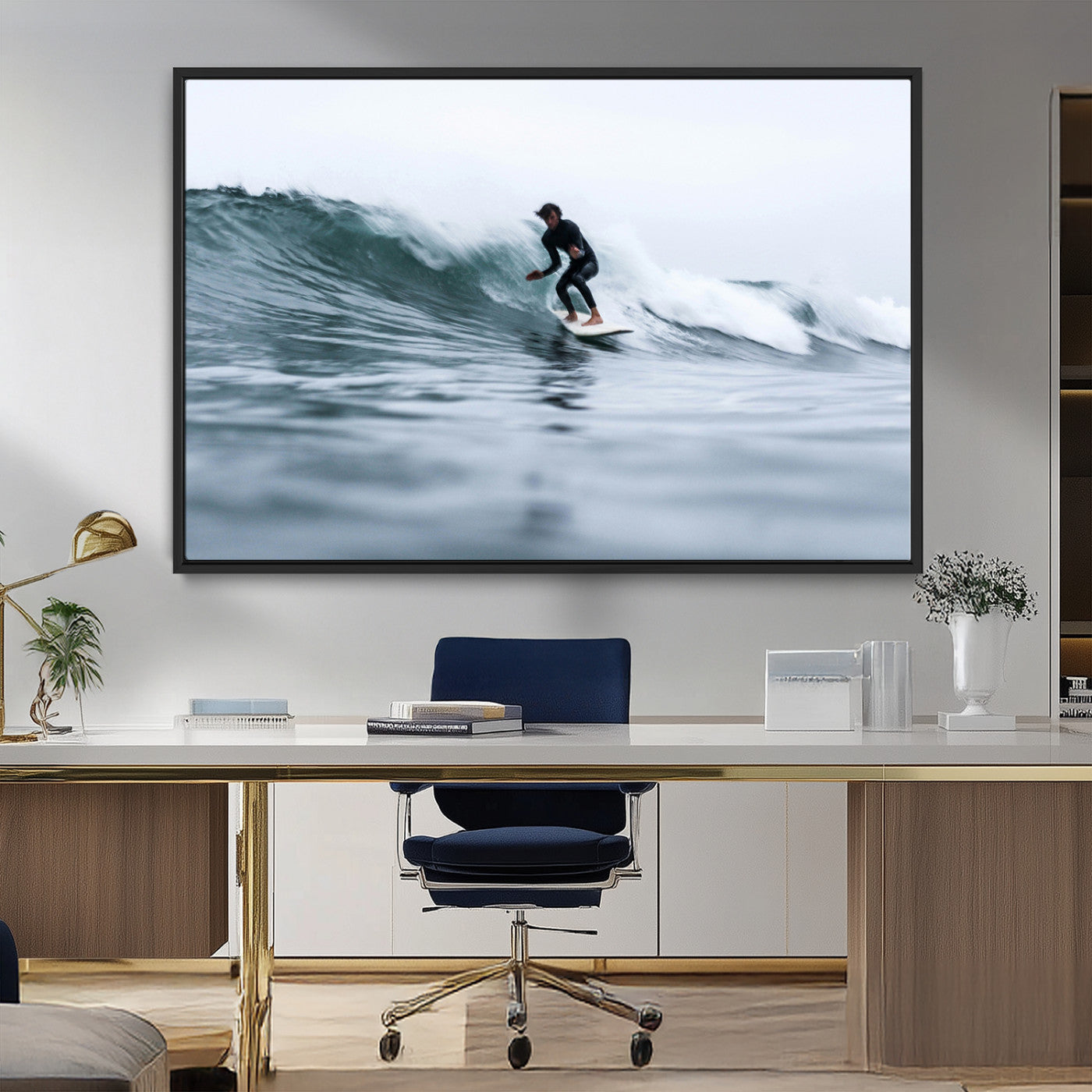 11693607-MGV-FC-36X24_Black-Surfer on Wave Wall Art Canvas Print, Framed Ocean Adventure Art Picture Print, Motion Blur Water Perfect Coastal Adventure Decor