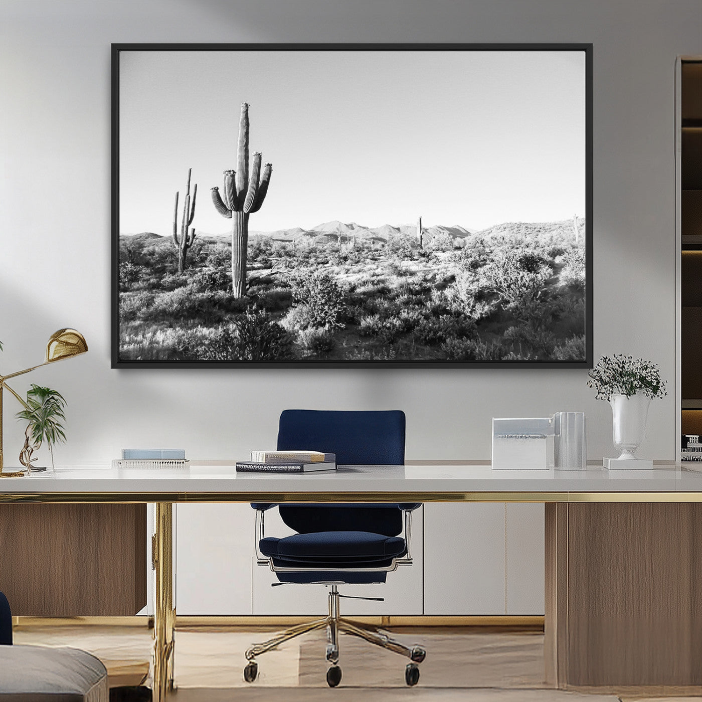 85205054-MGV-FC-36X24_Black-Saguaro Cactus Wall Art Canvas Print, Framed Monochrome Landscape Art Picture Print, Scenic Arizona View Perfect Minimalist