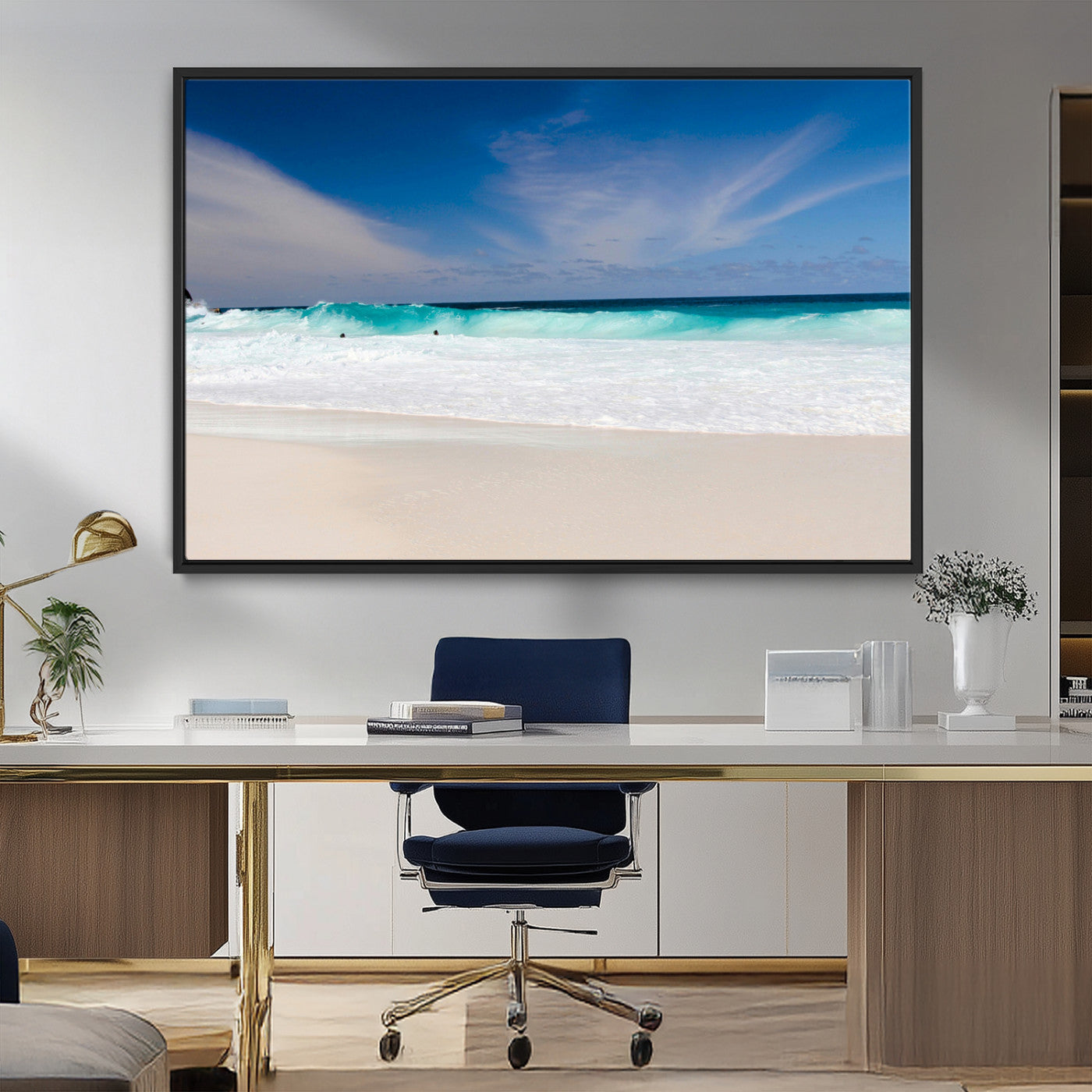 55017356-MGV-FC-36X24_Black-Ocean Beach Wall Art – Turquoise Wave and White Sand Shoreline Canvas Print, Coastal Seascape Photography Decor for Living Room,