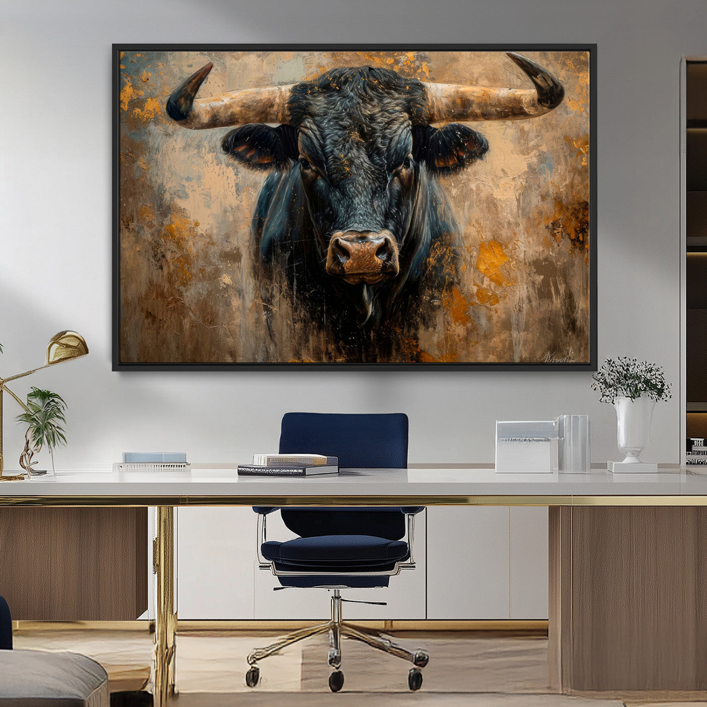 91615410-MGV-CV-36X24-Bull Wall Art – Rustic Western Longhorn Canvas Print, Powerful Abstract Animal Painting, Farmhouse Ranch Decor for Living Room,