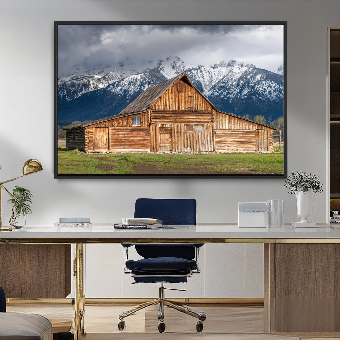 15173627-MGV-FC-36X24_Black-Barn Wall Art – Rustic Wooden Cabin Canvas Print with Snowy Mountain Landscape, Western Farmhouse Country Decor for Living Room,